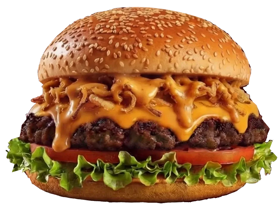 Hamburger Saporito con cheddar fuso, cipolla croccante, lattuga e pomodoro, dal poster del brand