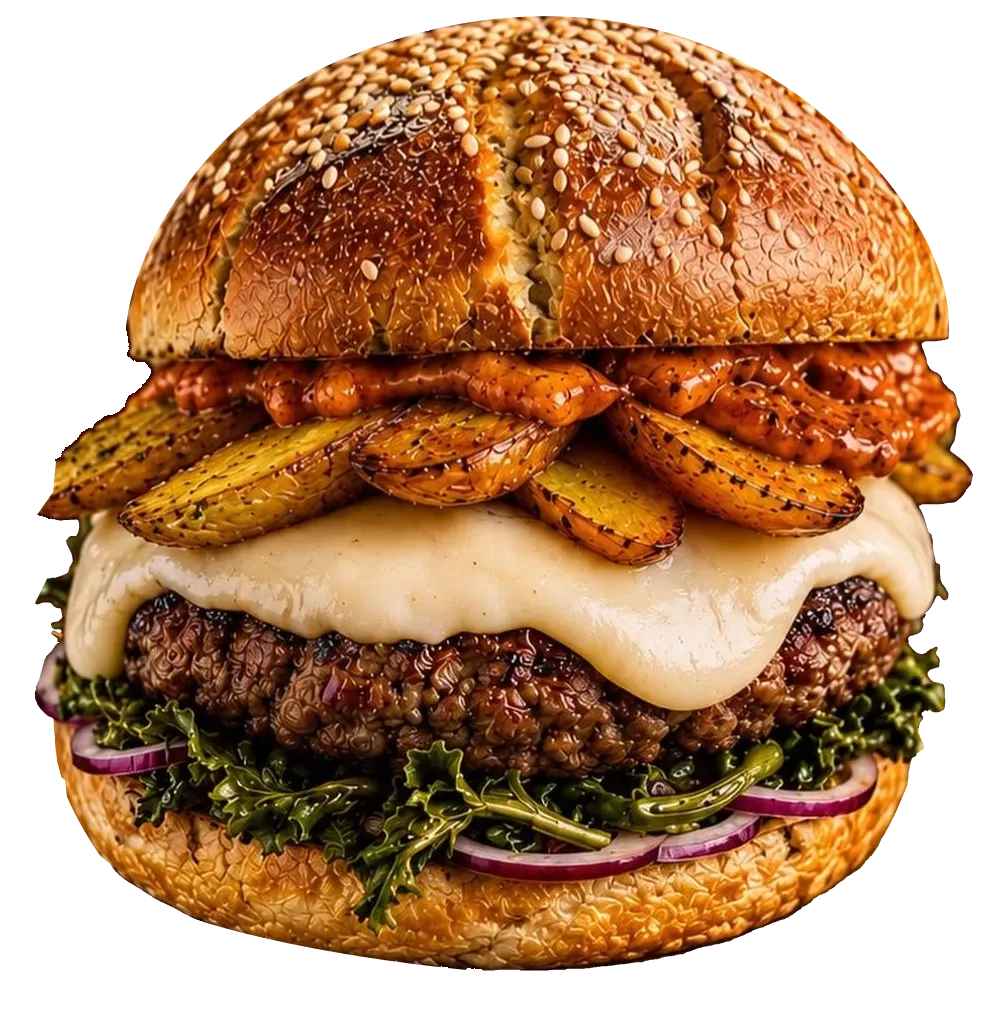 Il Vikingo con hamburger di vitello, friarielli, provola dolce, cipolla e patate, dal poster Saporito